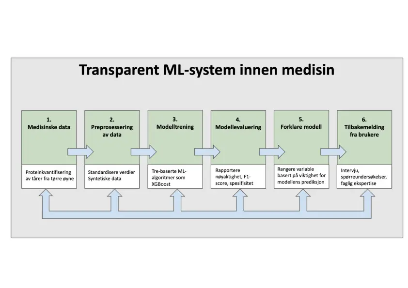 Figur 1. Skjematisk presentasjon av et transparent medisinsk ML-system. Alle komponenter 1 til 6 bør være tilgjengelige, godt beskrevet og tilstrekkelig forklart til brukerne. Hvite bokser gir eksempler på innhold i de ulike komponentene. Blå piler nederst i figuren indikerer at de ulike komponentene påvirker hverandre og utveksler informasjon, for eksempel at tilbakemeldinger fra brukerne kan påvirke valg av hvilke ML-algoritmer og forklaringsmetoder som brukes og at medisinske data benyttes til å evaluere modellen. 